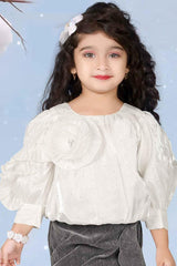White Ruffled Victorian Sleeves Top With Grey Skirt Set For Girls - Lagorii Kids