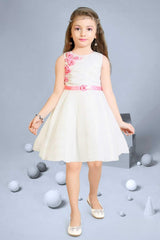 White Satin Frock With Pink Floral Embellishments For Girls - Lagorii Kids