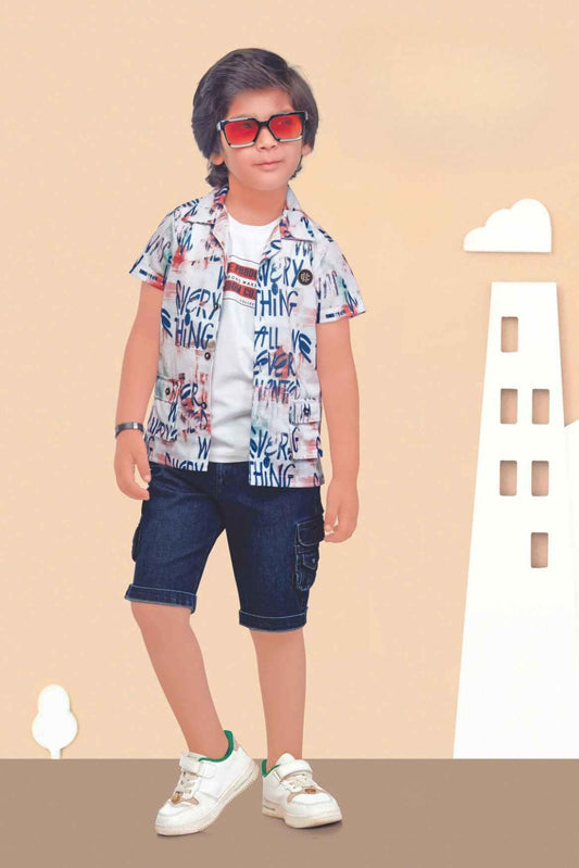 White T-Shirt With Multicolor Overcoat And Denim Shorts Set For Boys - Lagorii Kids