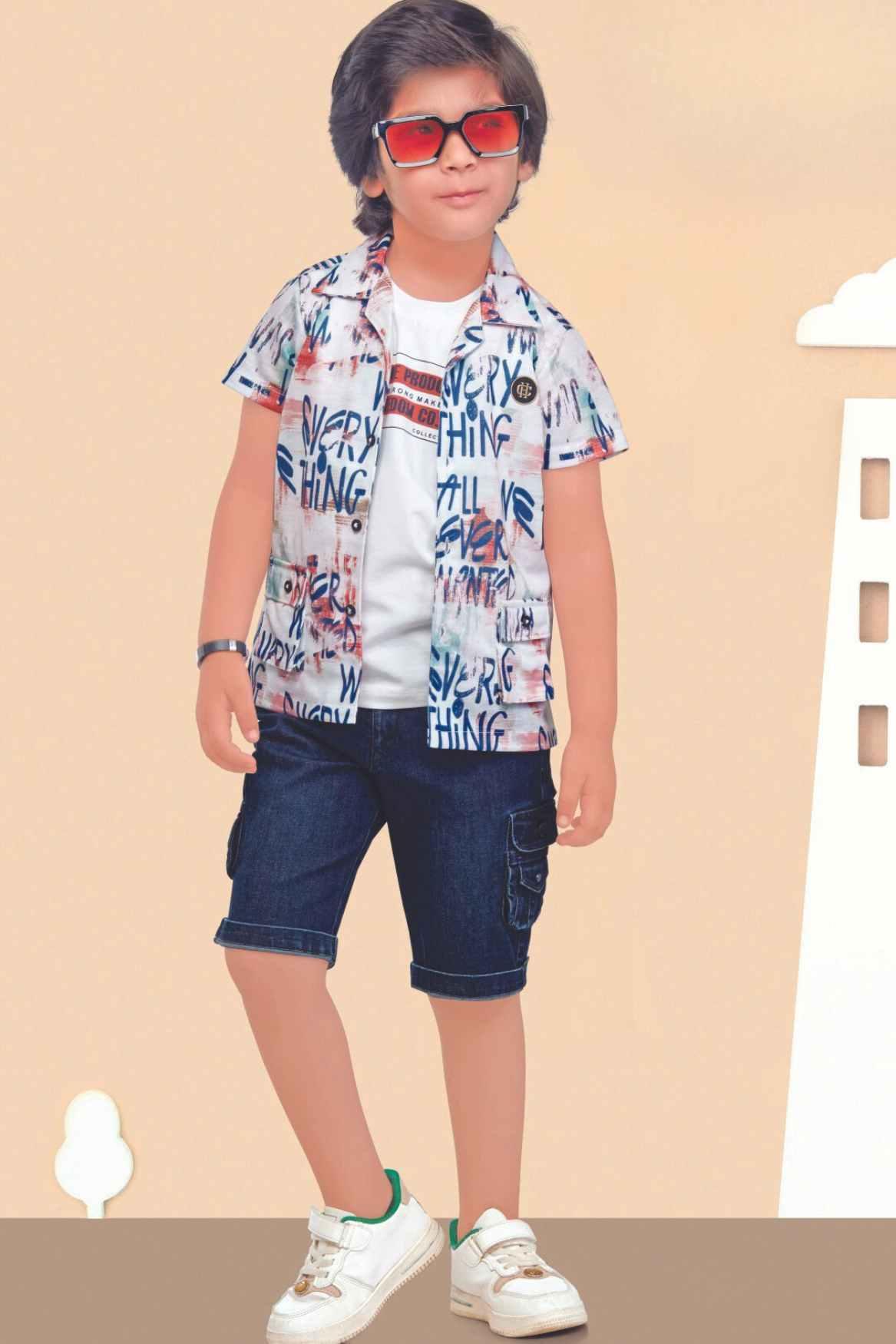 White T-Shirt With Multicolor Overcoat And Denim Shorts Set For Boys - Lagorii Kids