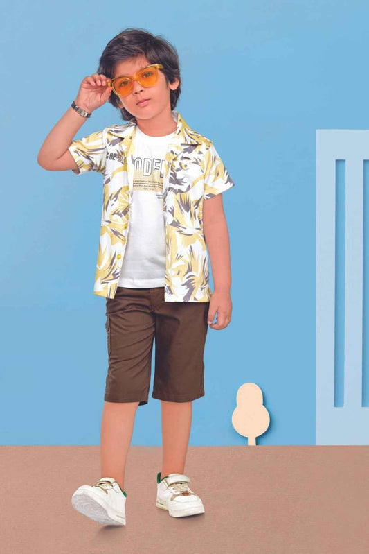 White T-Shirt With Yellow Printed Overcoat And Denim Shorts Set For Boys - Lagorii Kids