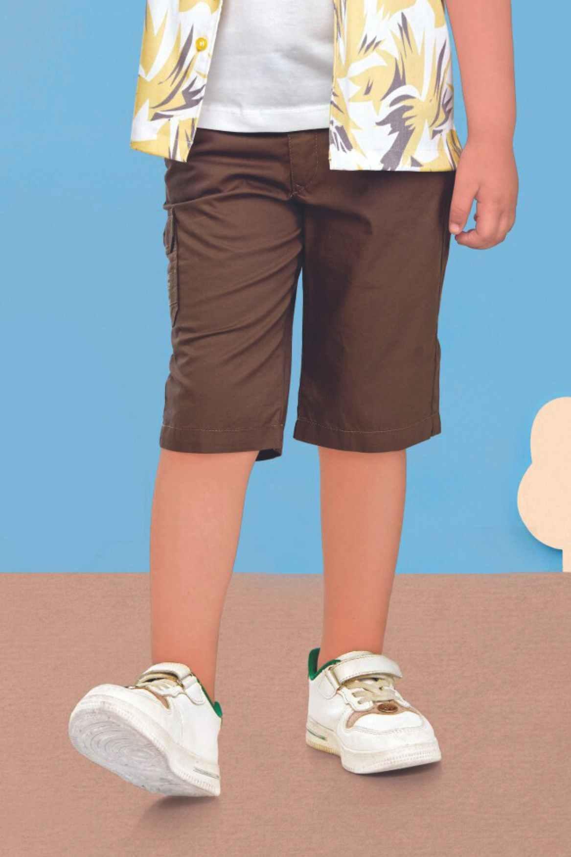 White T-Shirt With Yellow Printed Overcoat And Denim Shorts Set For Boys - Lagorii Kids