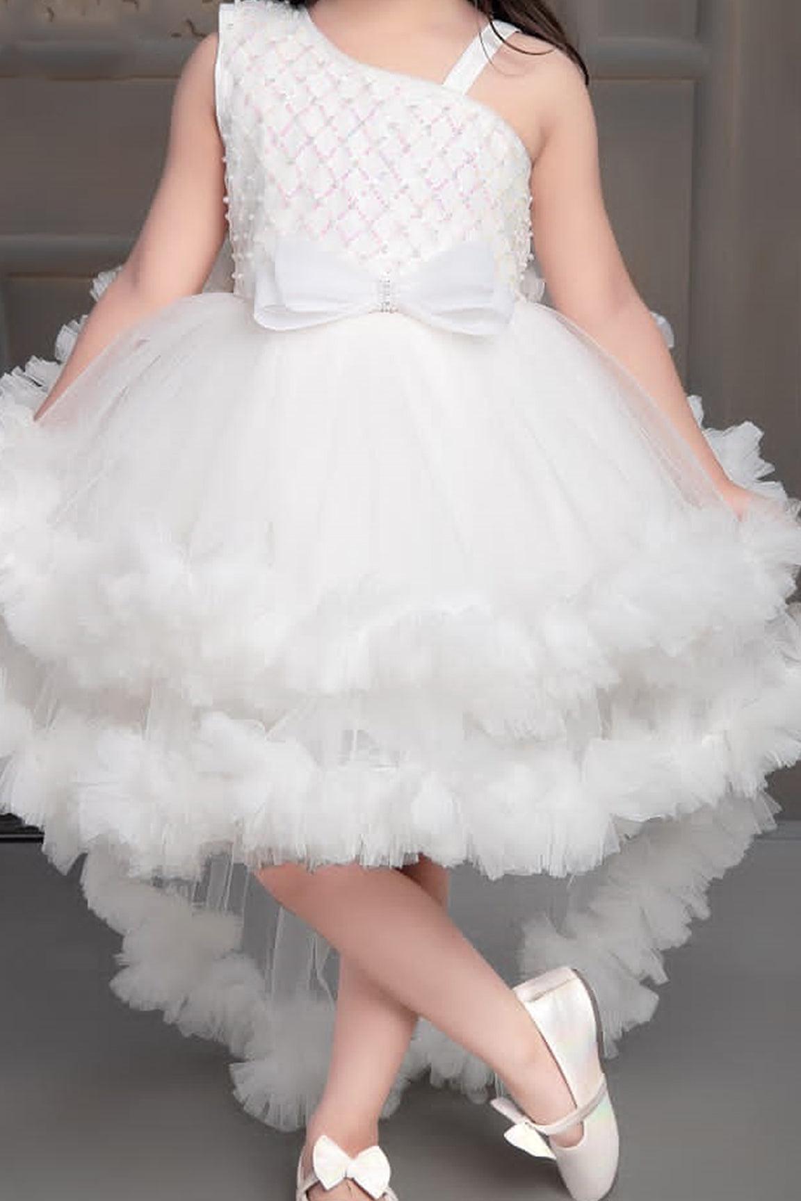 White Tailback Frock With Bow For Girls - Lagorii Kids
