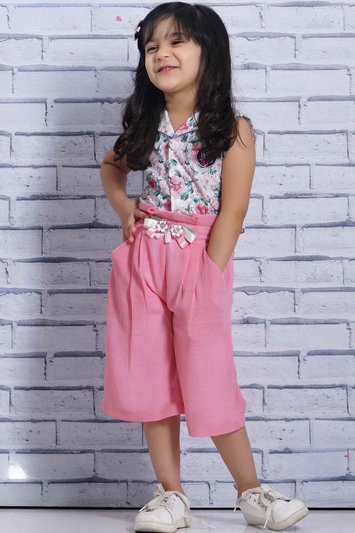White Top With Floral Print And Pink Palazzo Set For Girls - Lagorii Kids