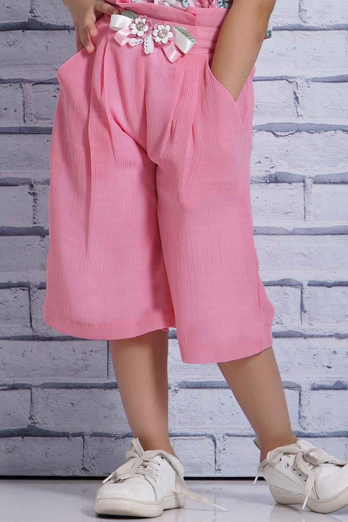 White Top With Floral Print And Pink Palazzo Set For Girls - Lagorii Kids