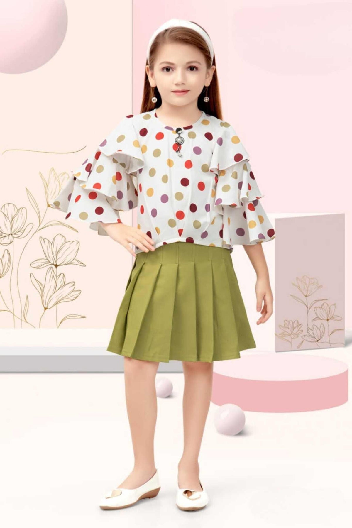 White Top With Polka Pattern And Ruffled Sleeves With Green Skirt Set For Girls - Lagorii Kids