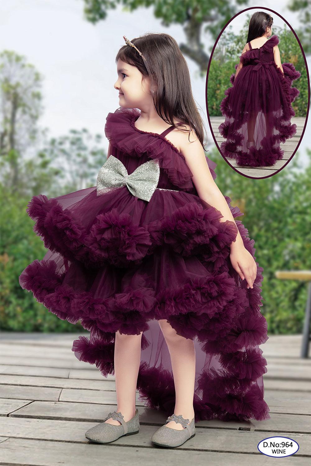 Wine colour layered frilled frock with bow. - Lagorii Kids