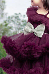 Wine colour layered frilled frock with bow. - Lagorii Kids