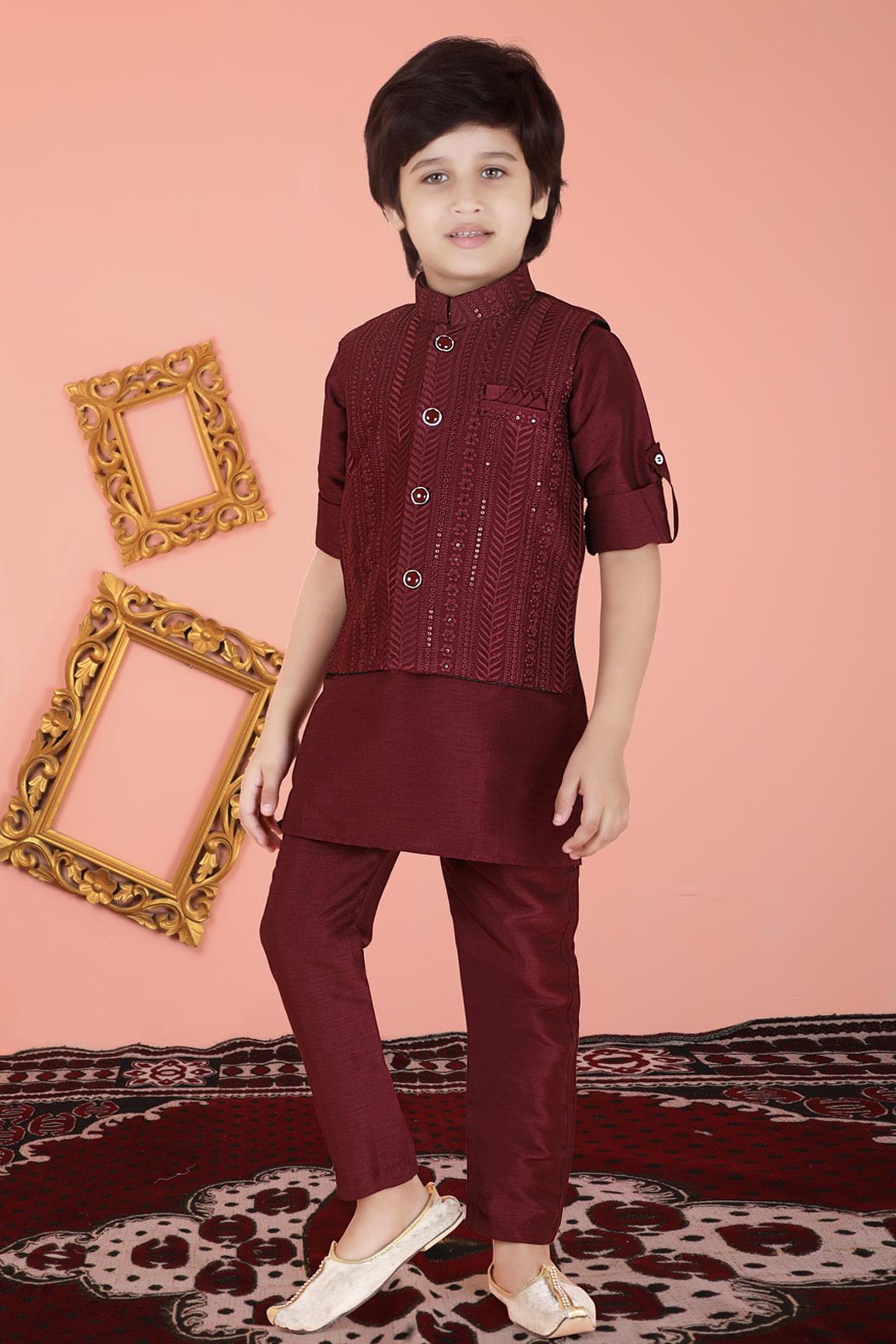 Wine Red Kurta Set with Waistcoat for Boys - Lagorii Kids