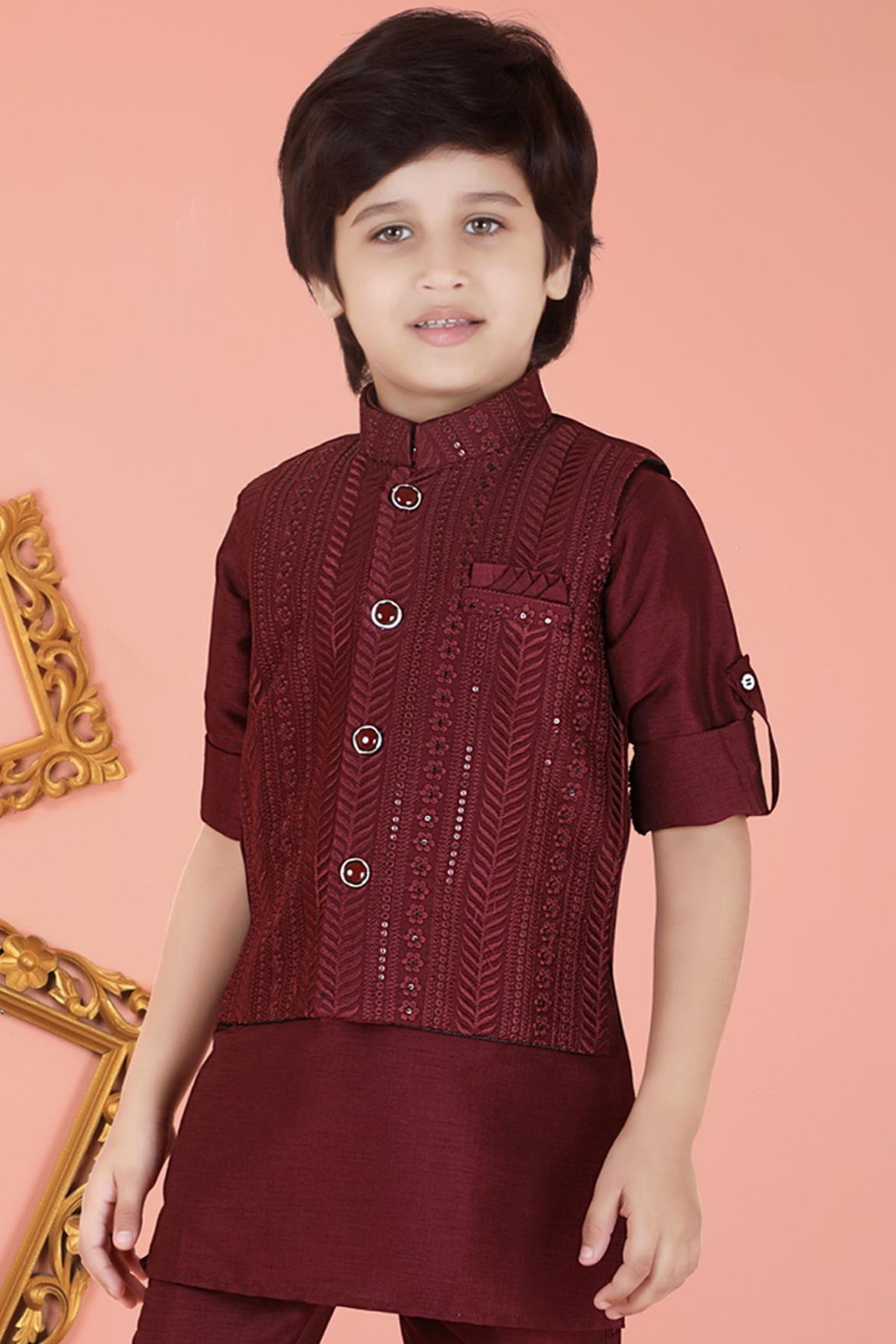 Wine Red Kurta Set with Waistcoat for Boys - Lagorii Kids