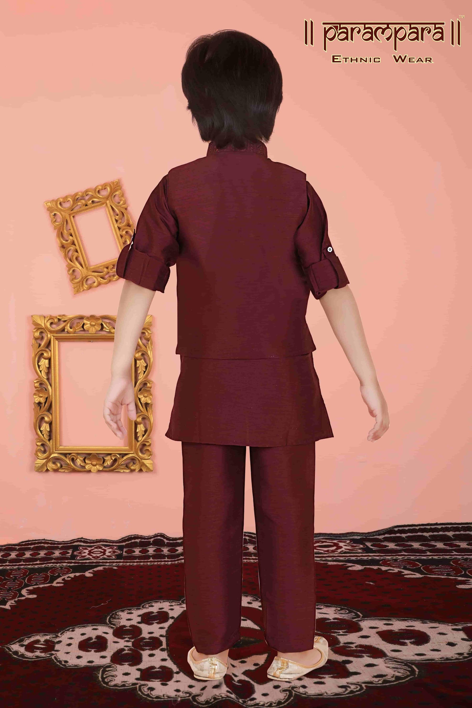 Wine Red Kurta Set with Waistcoat for Boys - Lagorii Kids