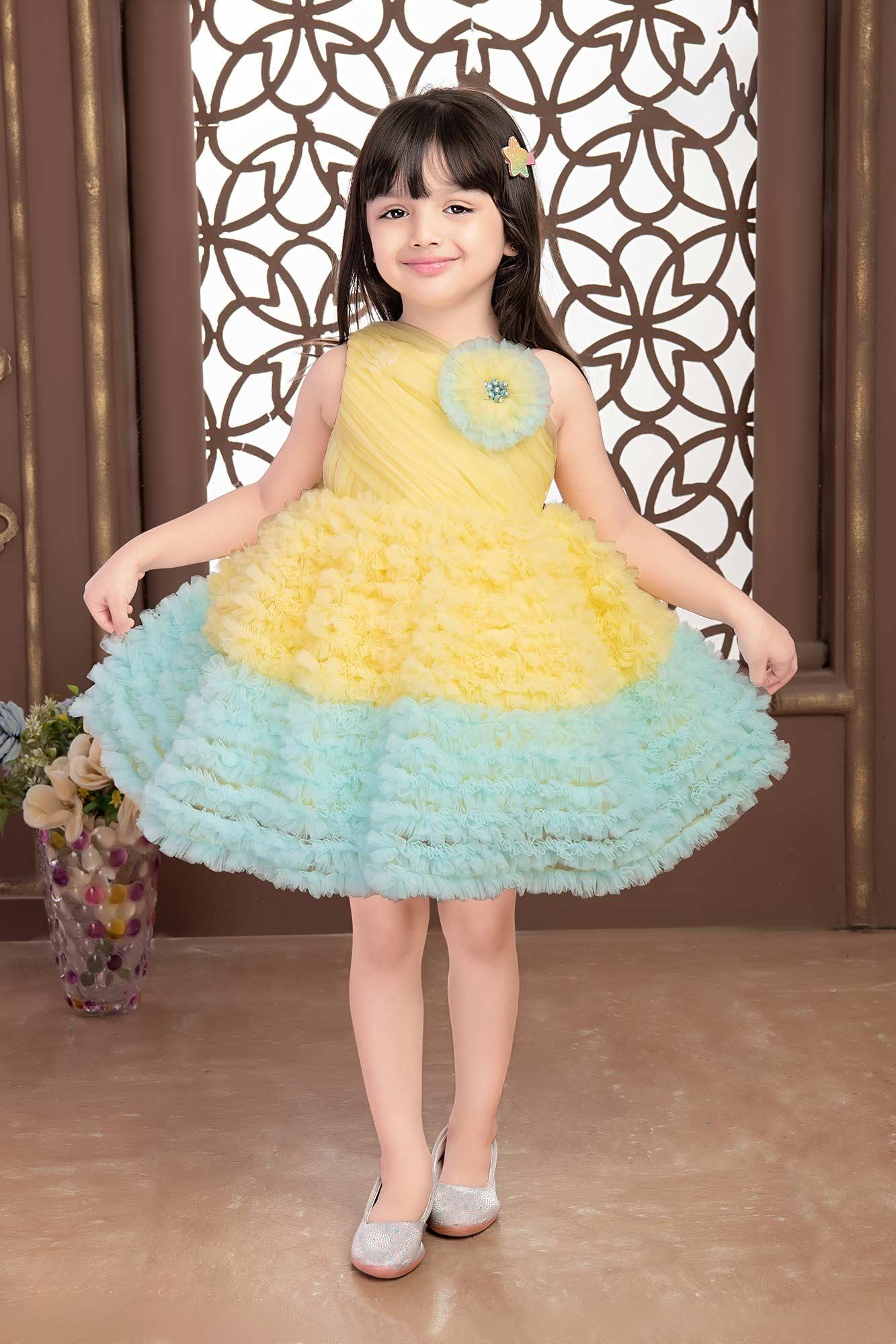 Lemon and sky blue ruffle frock for girls - Lagorii Kids