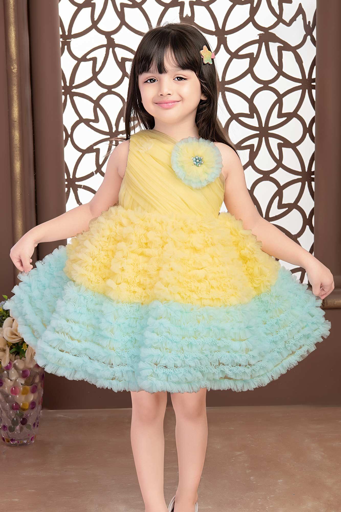 Lemon and sky blue ruffle frock for girls - Lagorii Kids