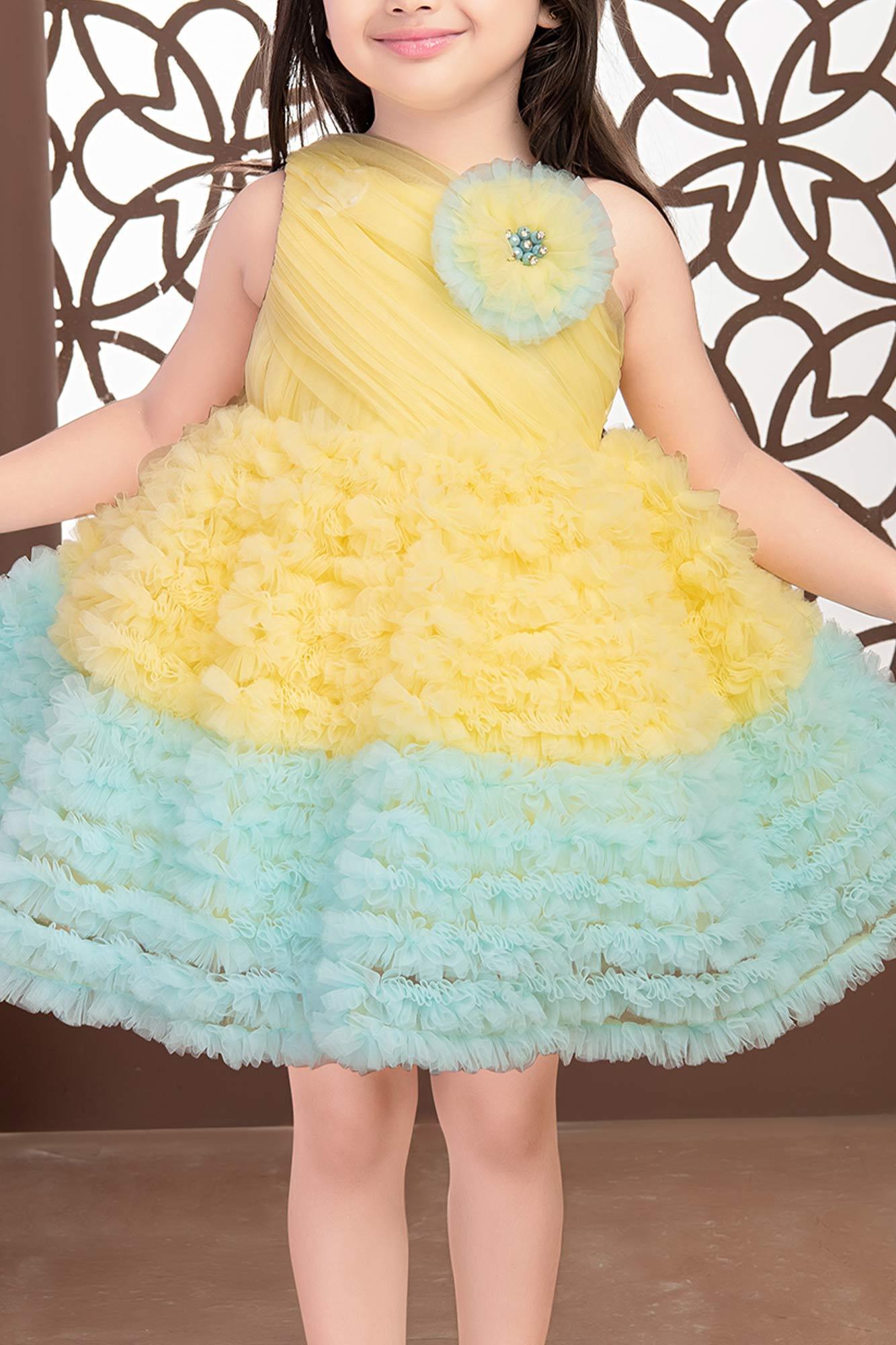 Lemon and sky blue ruffle frock for girls - Lagorii Kids