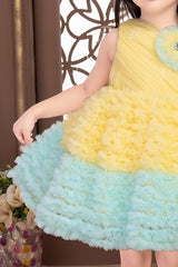 Lemon and sky blue ruffle frock for girls - Lagorii Kids