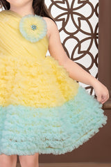 Lemon and sky blue ruffle frock for girls - Lagorii Kids