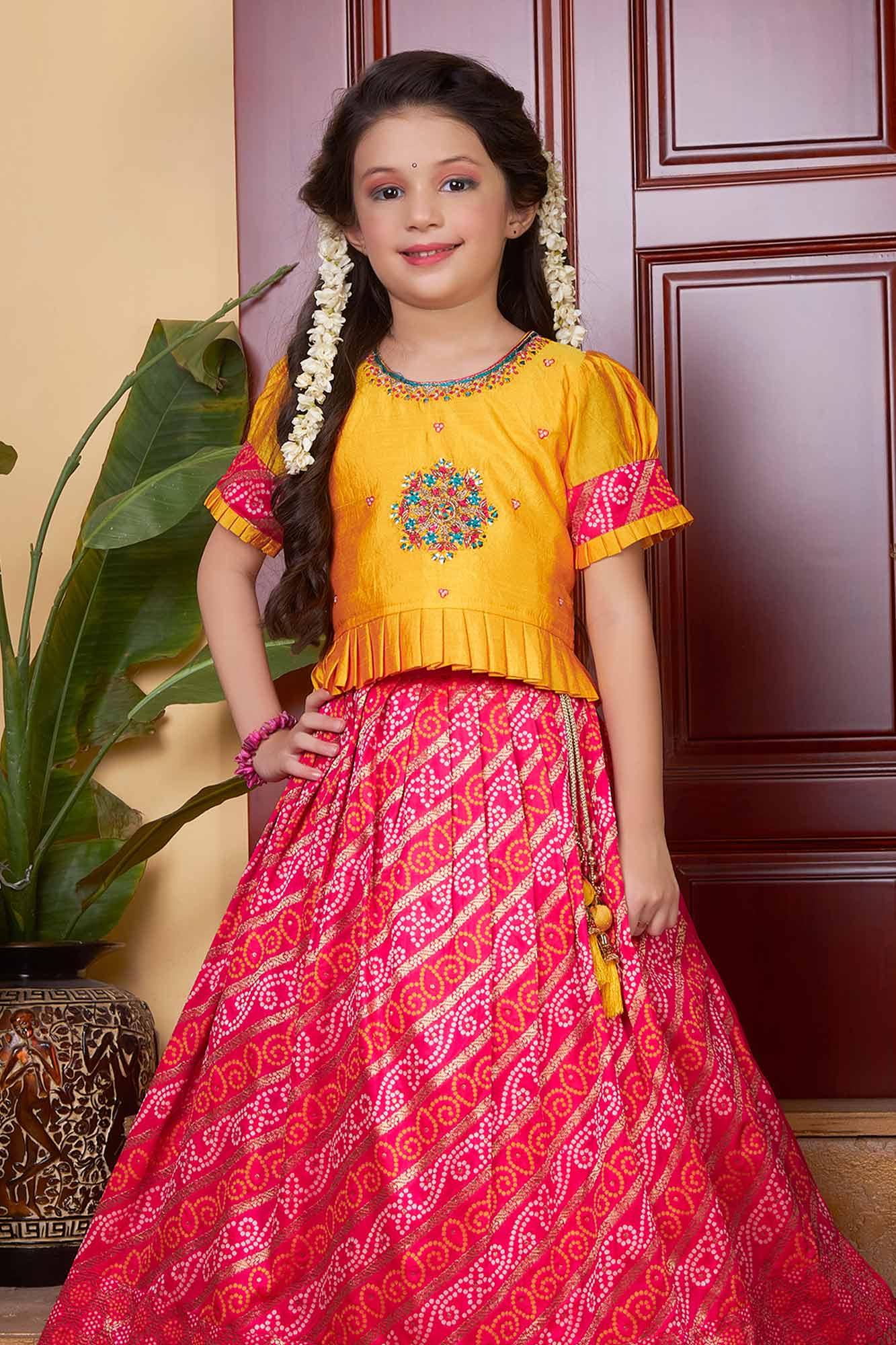 Yellow and Pink Banarasi Lehenga Choli Set with Ikat Print - Lagorii Kids