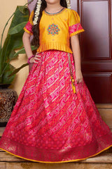 Yellow and Pink Banarasi Lehenga Choli Set with Ikat Print - Lagorii Kids