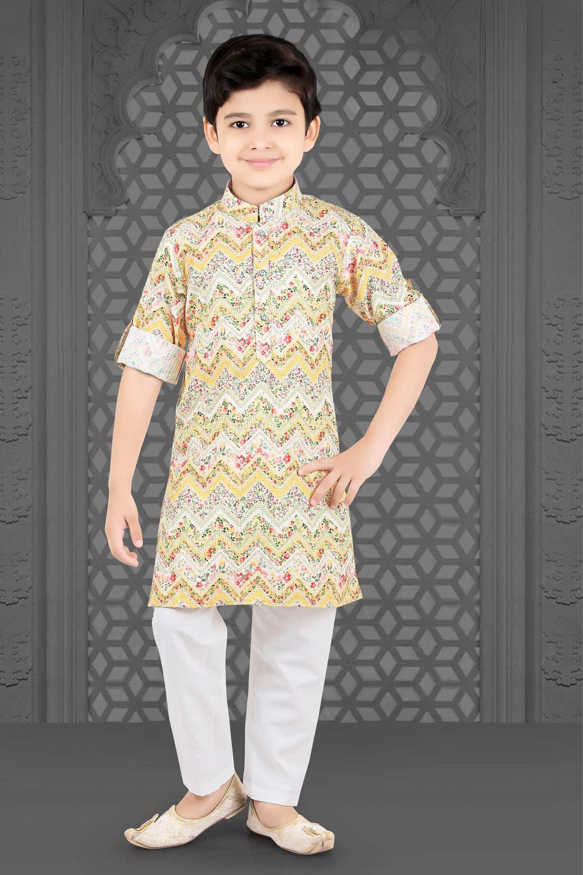 Yellow Bundi Printed Cotton Kurta Set for Boys - Lagorii Kids