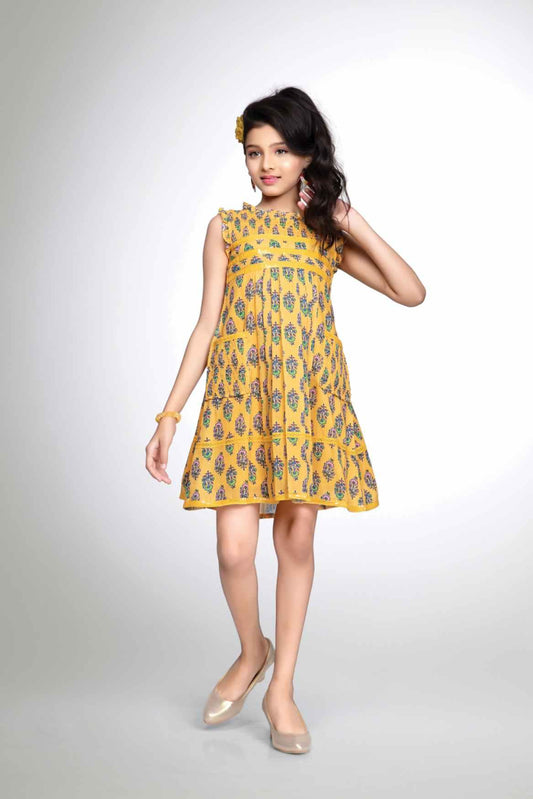 Yellow Floral Cotton Frock With Pleats Pattern And Pockets For Girls - Lagorii Kids