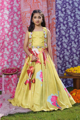 Yellow Floral Printed Ghagra Choli Set With Overcoat For Girls - Lagorii Kids