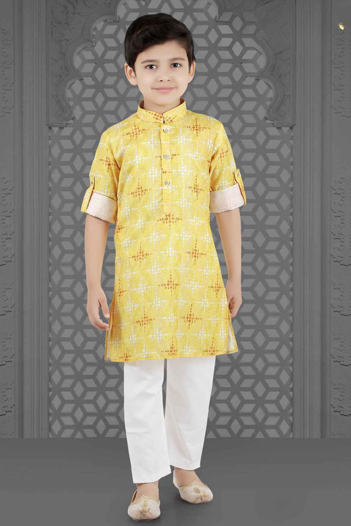 Yellow Kurta Set With Block Print And White Pant For Boys