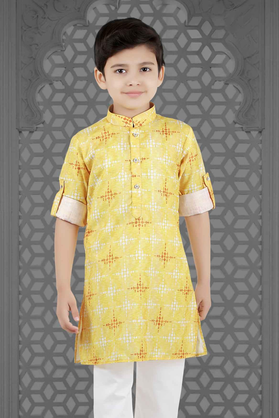 Yellow Kurta Set With Block Print And White Pant For Boys - Lagorii Kids