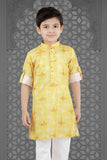 Yellow Kurta Set With Block Print And White Pant For Boys - Lagorii Kids