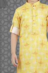 Yellow Kurta Set With Block Print And White Pant For Boys - Lagorii Kids