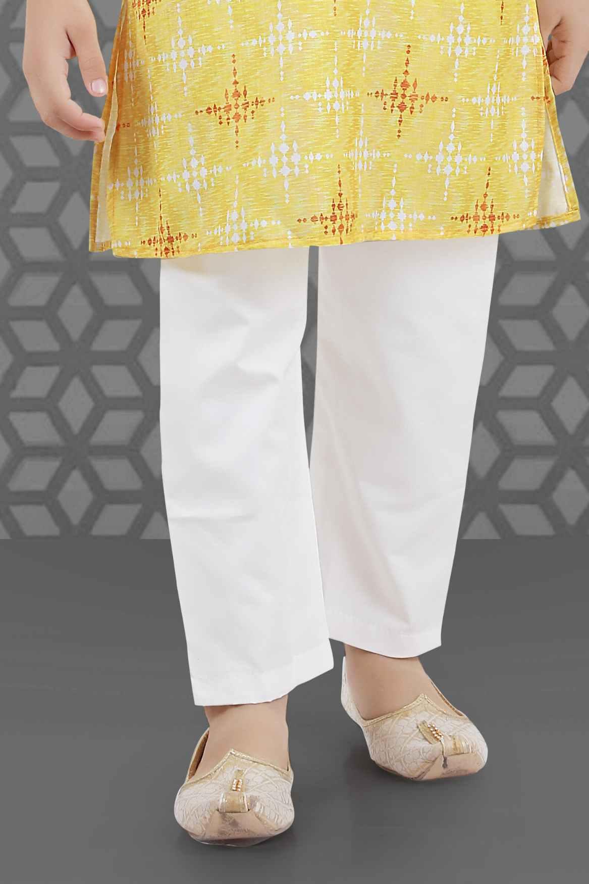 Yellow Kurta Set With Block Print And White Pant For Boys - Lagorii Kids