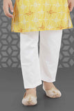 Yellow Kurta Set With Block Print And White Pant For Boys - Lagorii Kids