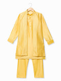 Yellow Kurta Set With Gold Embroidered Jacket For Boys - Lagorii Kids
