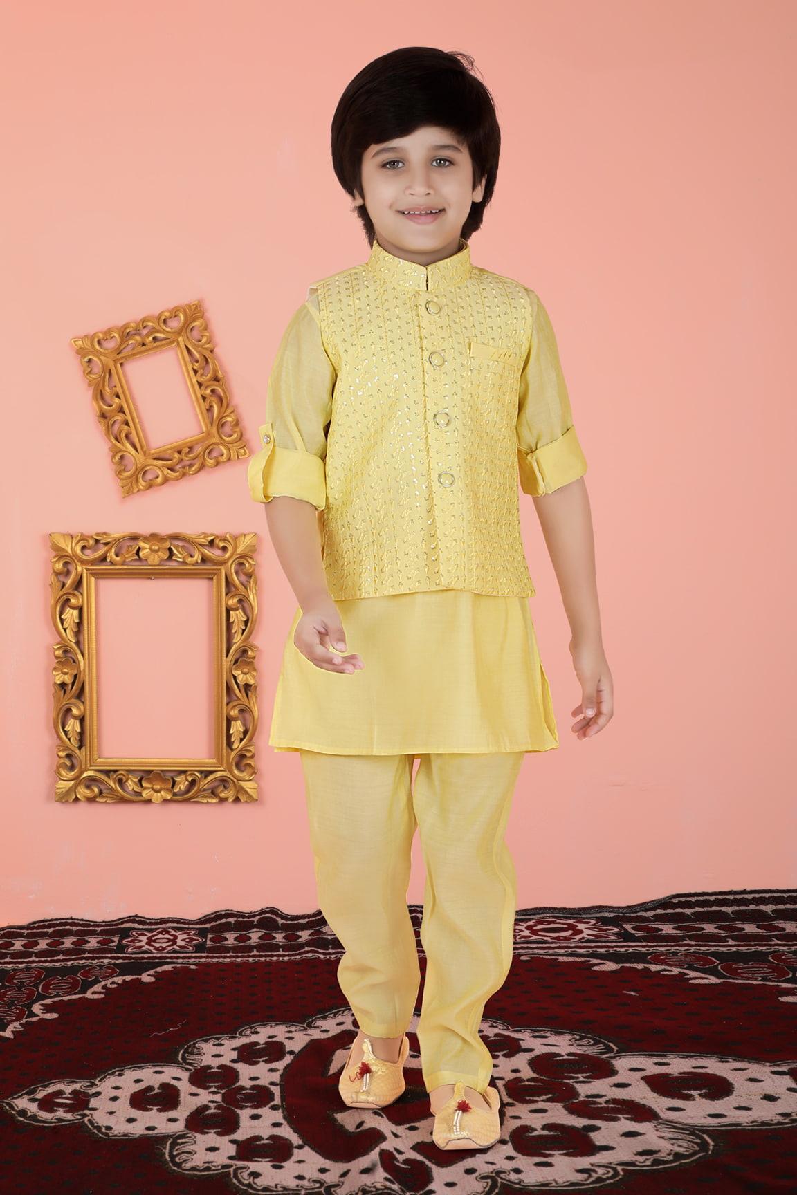 Yellow Kurta Set With Gold Embroidered Jacket For Boys - Lagorii Kids