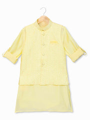 Yellow Kurta Set With Gold Embroidered Jacket For Boys - Lagorii Kids