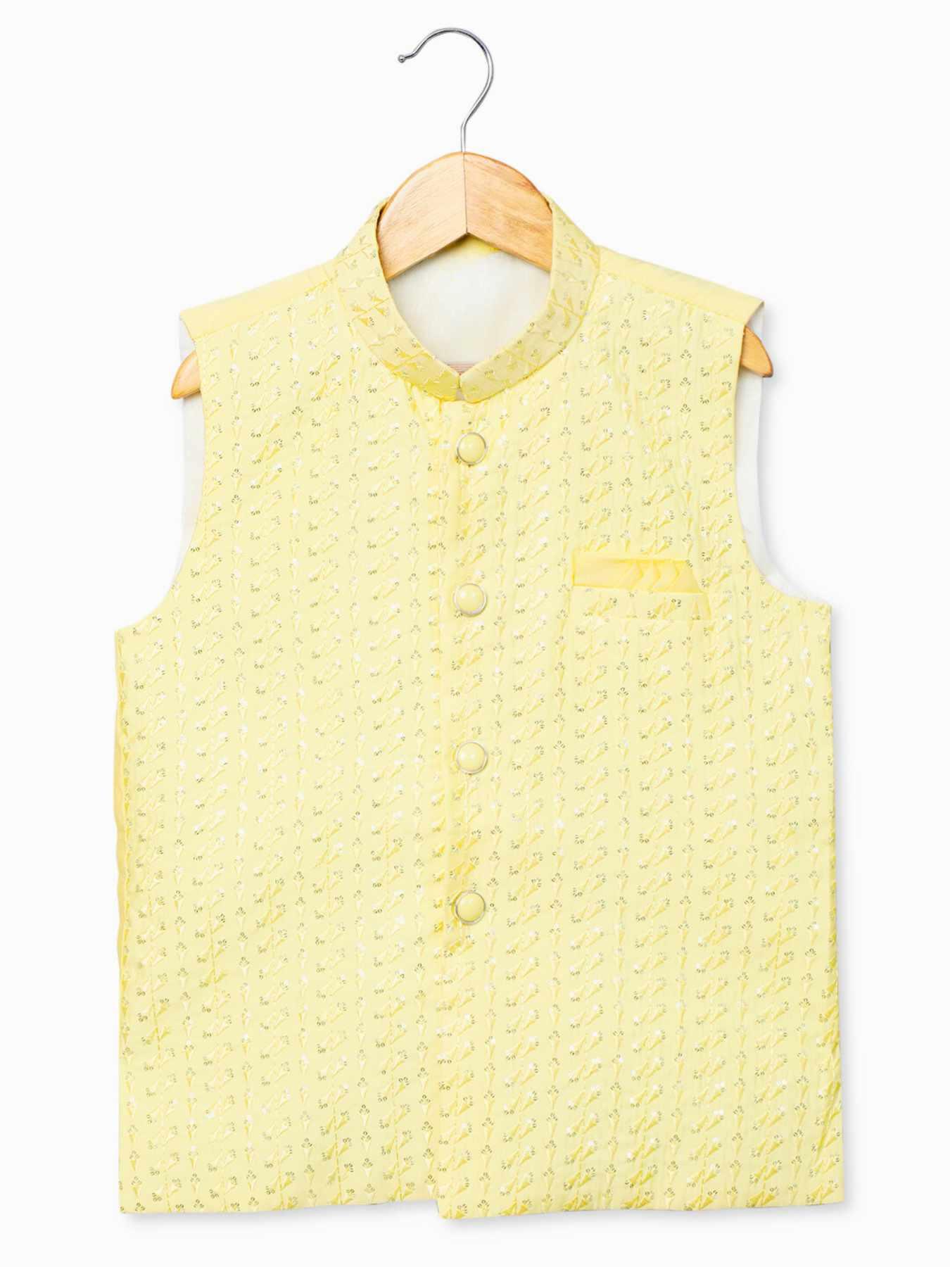Yellow Kurta Set With Gold Embroidered Jacket For Boys - Lagorii Kids