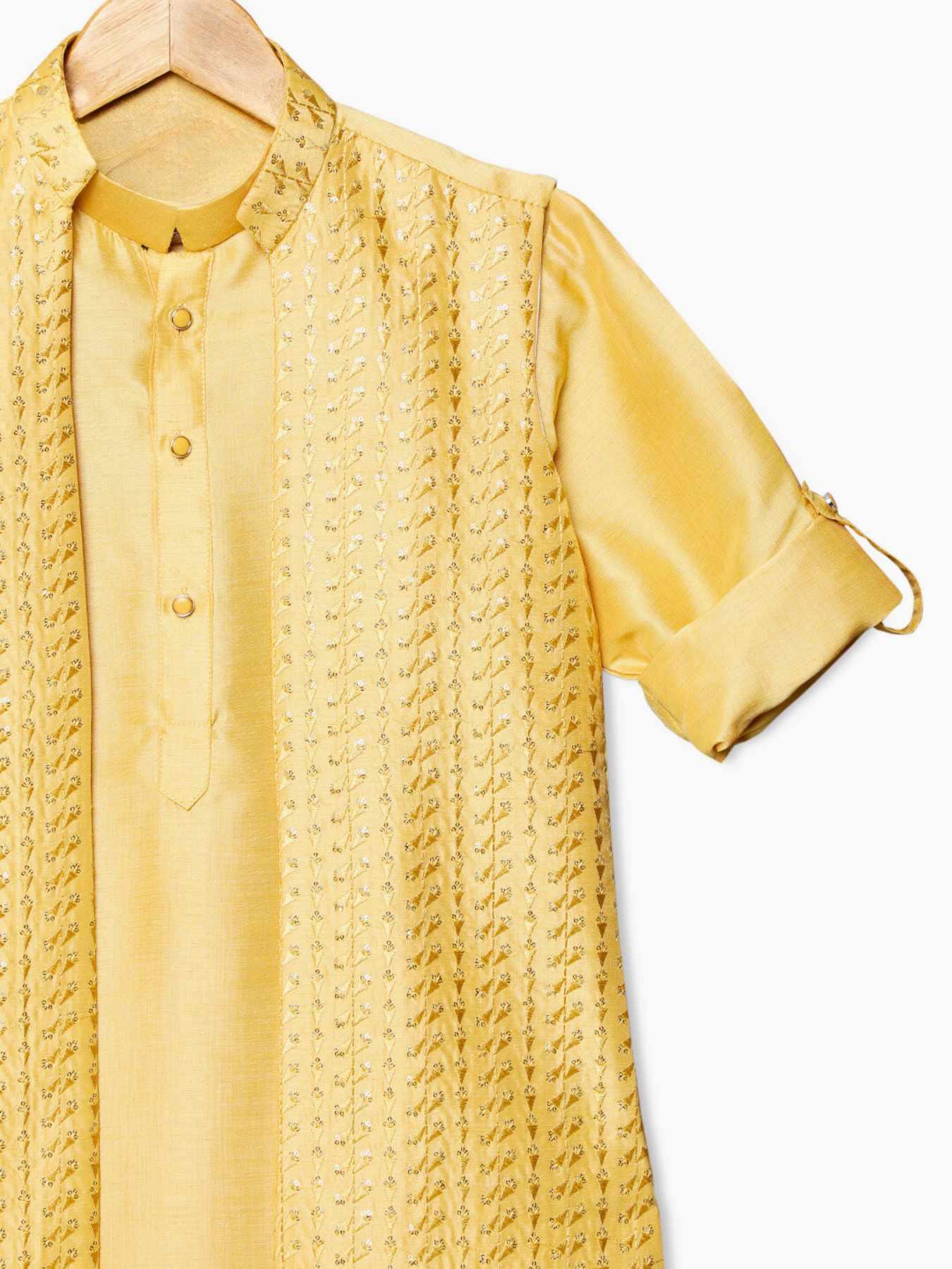 Men's Silk Blend Gold Kurta Pyjama & Navy Blue Nehru jacket Combo - Sojanya  | Kurta designs, Collar styles, Nehru jackets