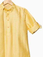 Yellow Kurta Set With Gold Embroidered Jacket For Boys - Lagorii Kids