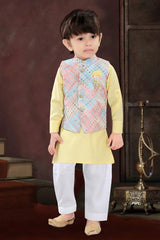 Yellow kurta with colour full coat set - Lagorii Kids