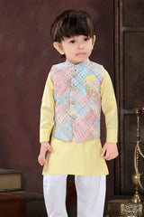 Yellow kurta with colour full coat set - Lagorii Kids