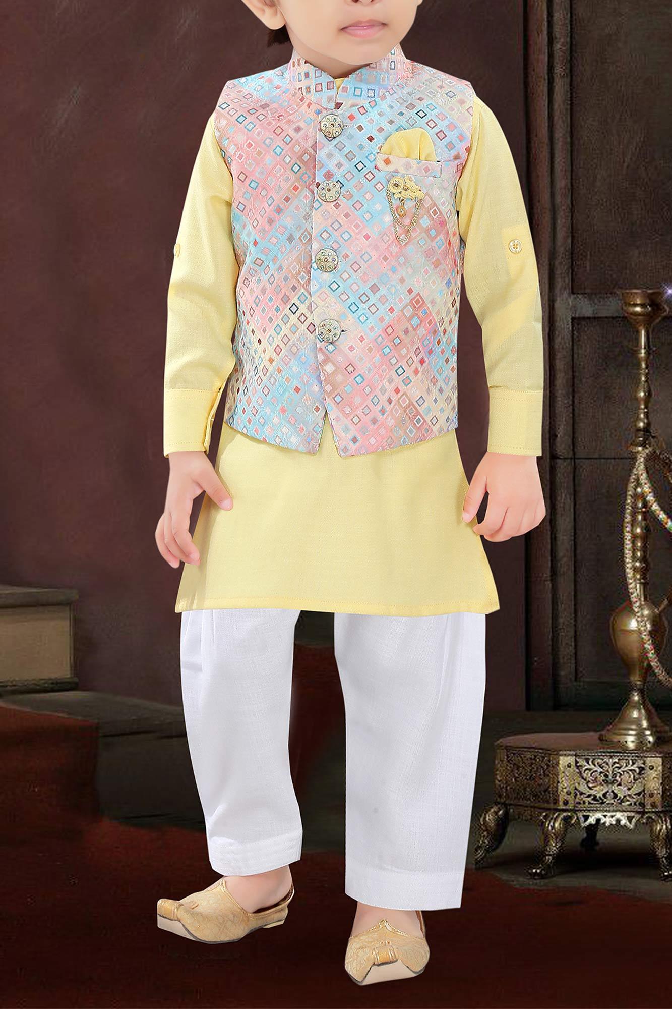 Yellow kurta with colour full coat set - Lagorii Kids