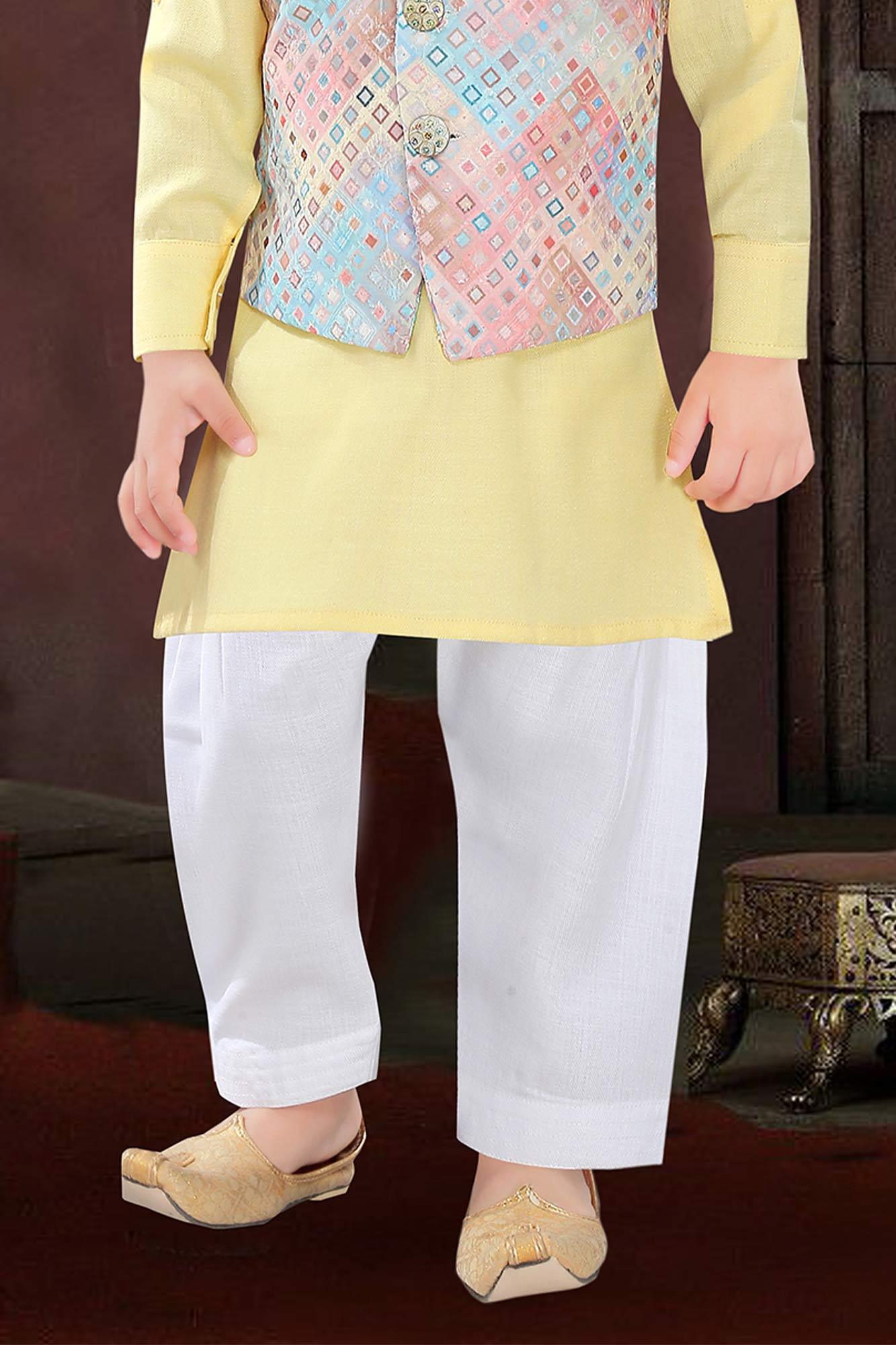 Yellow kurta with colour full coat set - Lagorii Kids