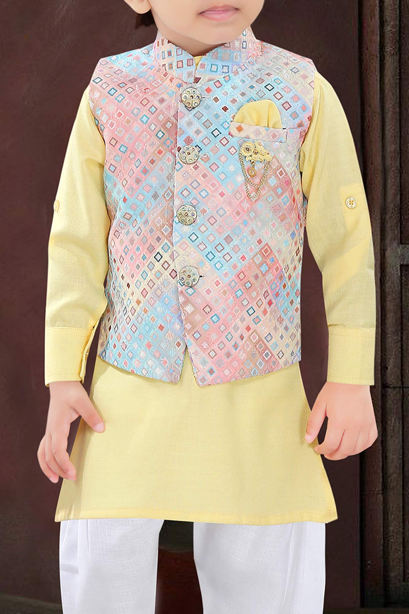 Yellow kurta with colour full coat set - Lagorii Kids