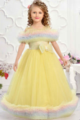 Yellow Ruffle Net Gown With Bow Embellishment For Girls - Lagorii Kids