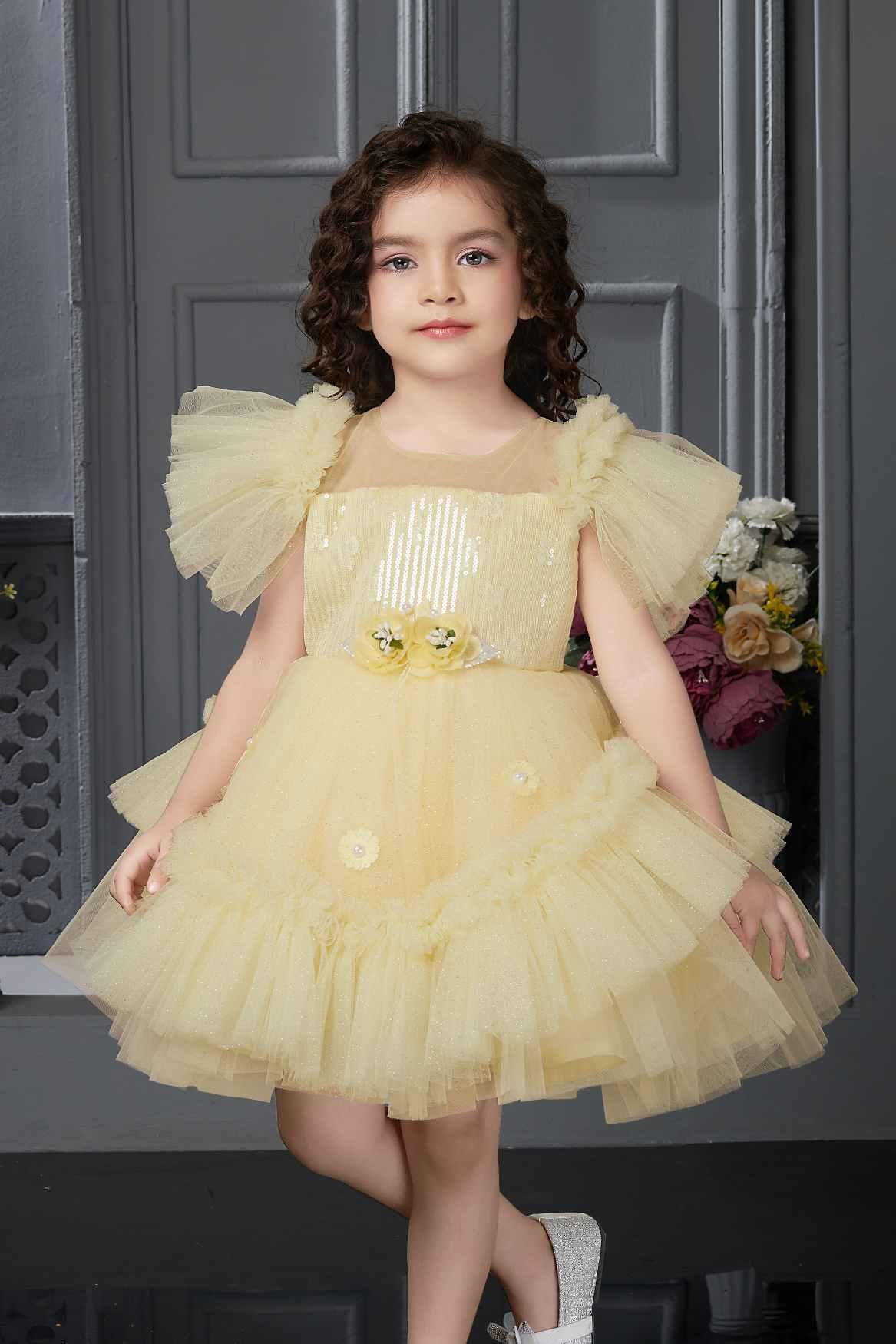 Yellow Sequin Ruffle Frock With Flower Embellishments For Girls - Lagorii Kids