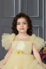 Yellow Sequin Ruffle Frock With Flower Embellishments For Girls - Lagorii Kids