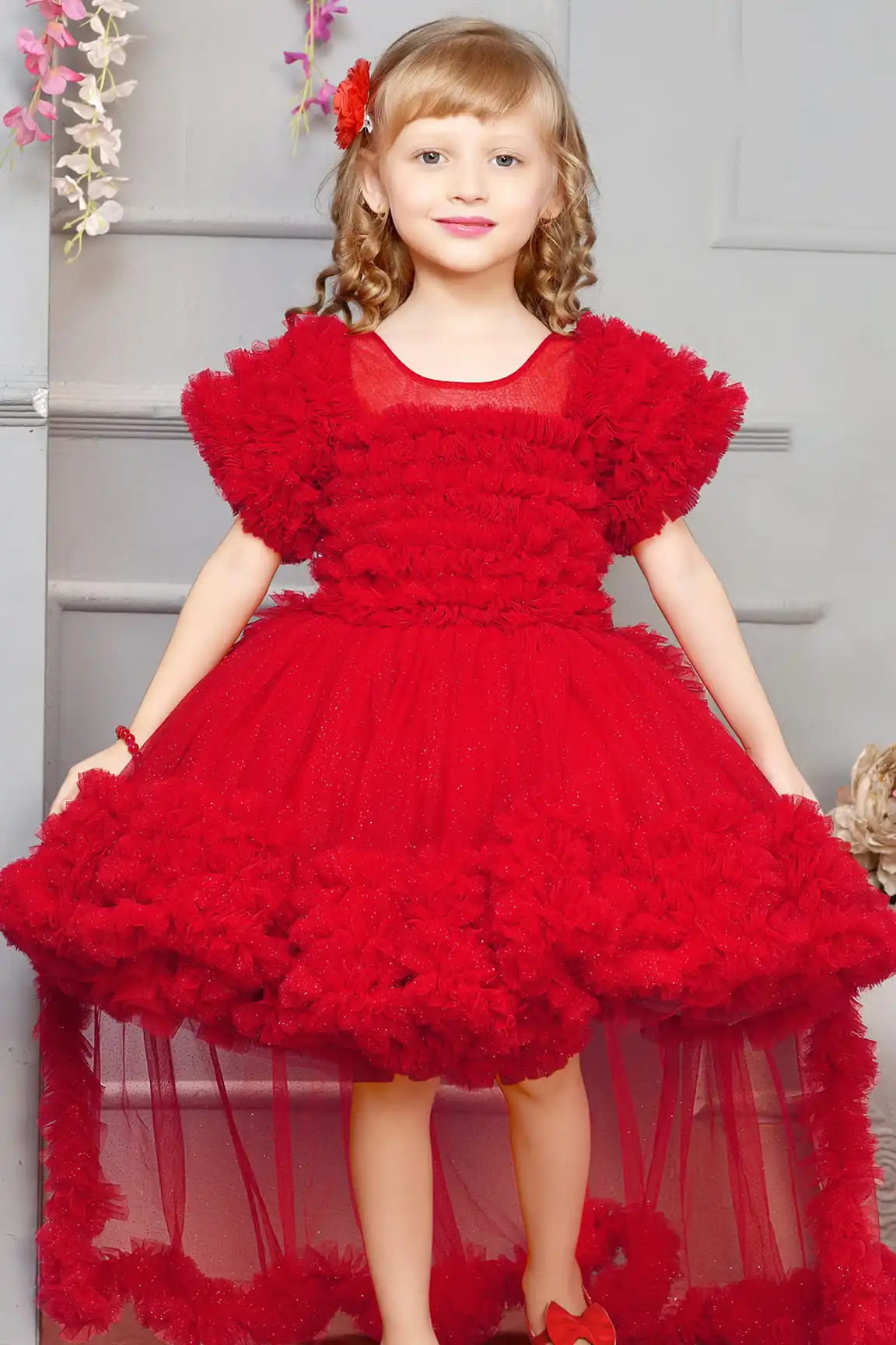Red Tailback Frock for Girls