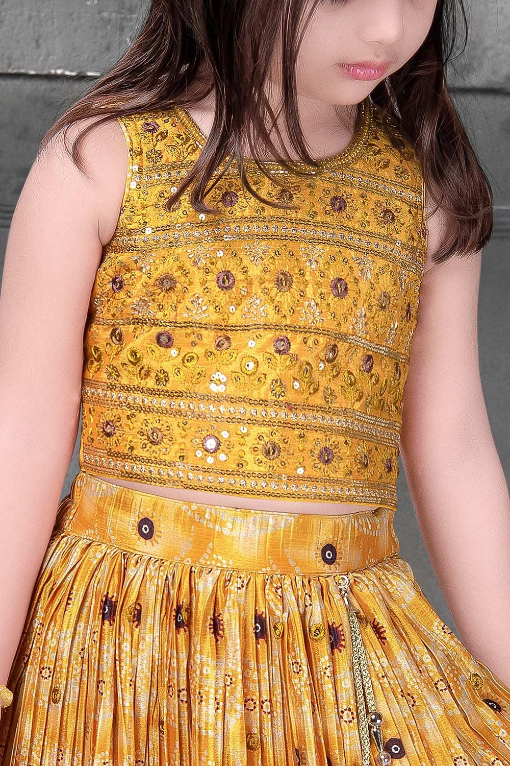 Amber golden printed and sequin work lehenga choli. - Lagorii Kids
