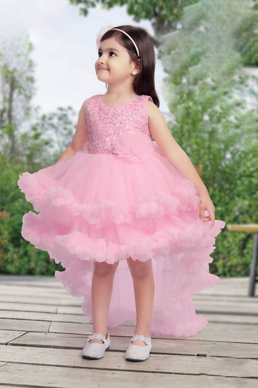 Baby Pink layered tailback back frock for girls. - Lagorii Kids
