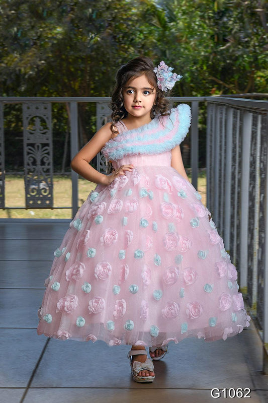 Gown : Baby pink banglory satin embroidered long gown with ...