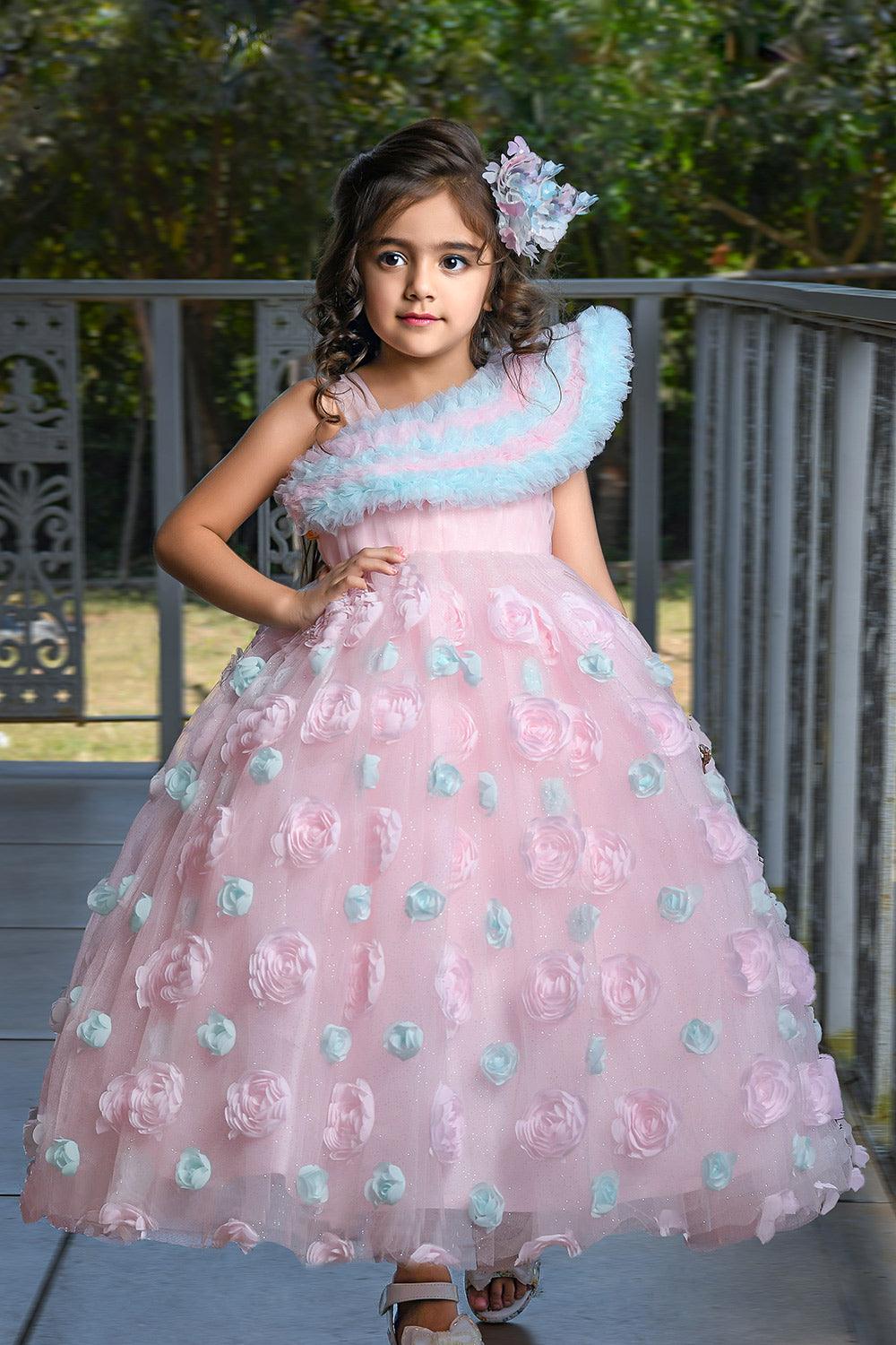 Baby pink princess gown with frilled neckline and floral embellishments - Lagorii Kids